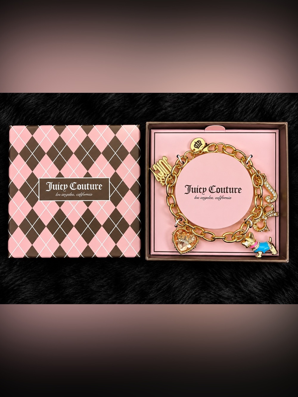 Juicy Couture Gold Charm Bracelet- Pink Heart, Scottie Dog & Rhinestone Charms